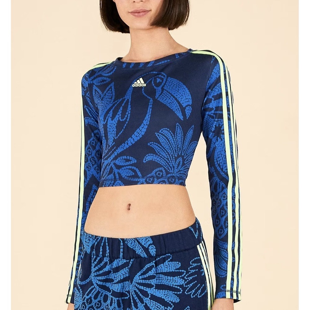 Adidas x FARM Rio Floral Crop Top Long Sleeve Navy Blue 3 Stripe Women L